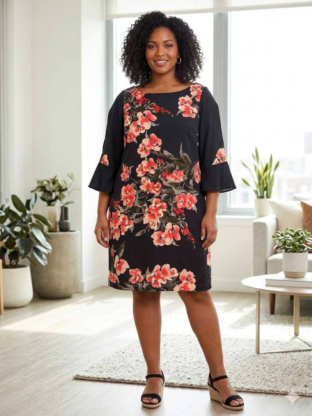 Jacques Vert Collection Black Midi Dress with Coral Floral Print